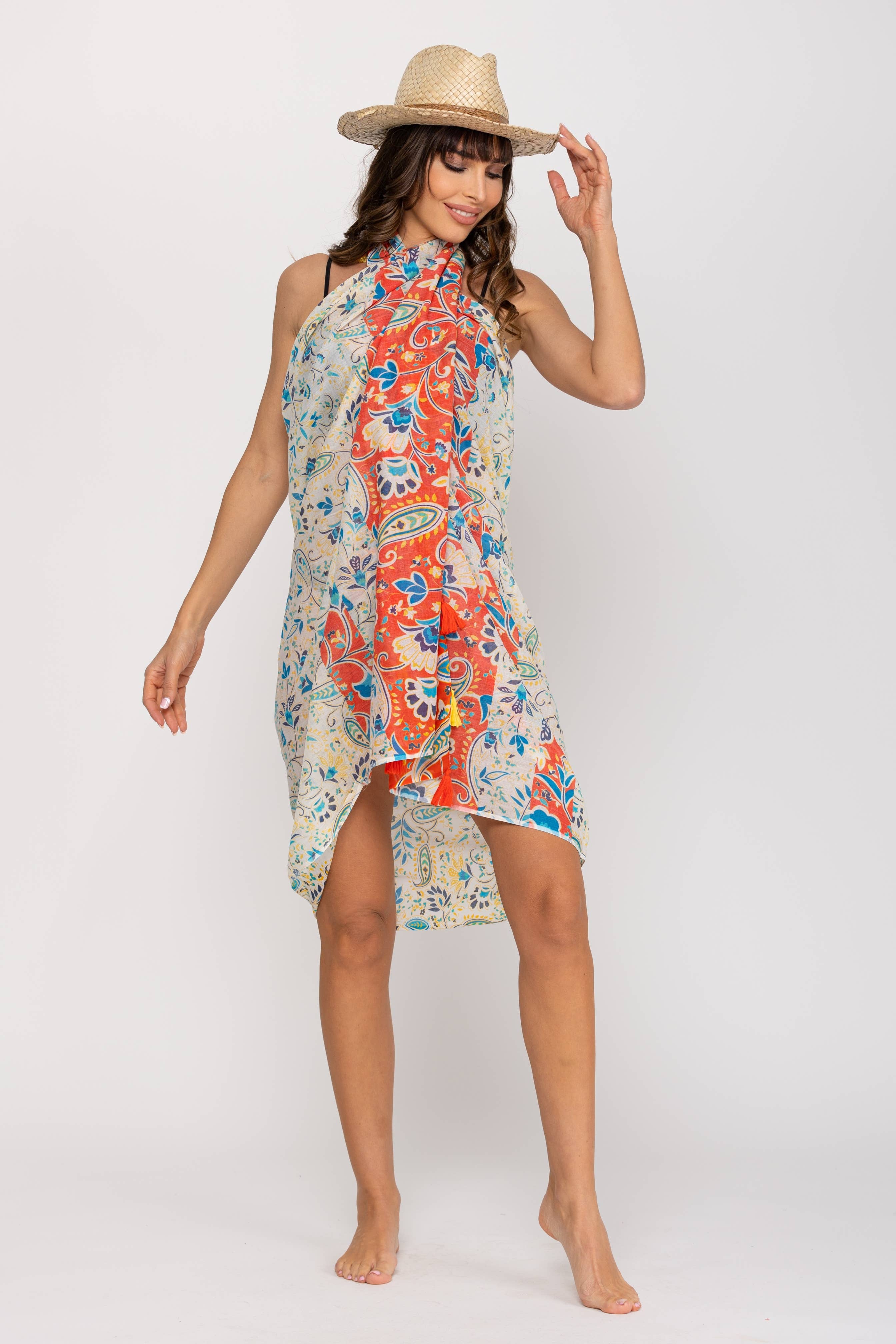 Peace & Love (CALAO IMPORT EXPORT S.L.) - Vente Mouchoir en tissu – femme - Pareo de plage imprimé avec bordure 110 cm x 180 cm2