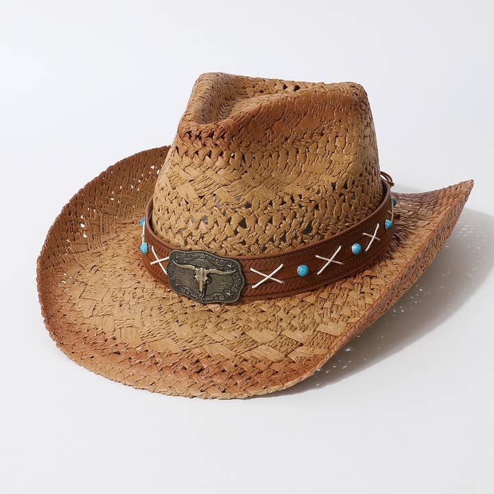ACCITY - Wholesale Cowboy Hat - Women's - Vintage Hollow Out Straw Cowboy Beach Hat_CWAH3656