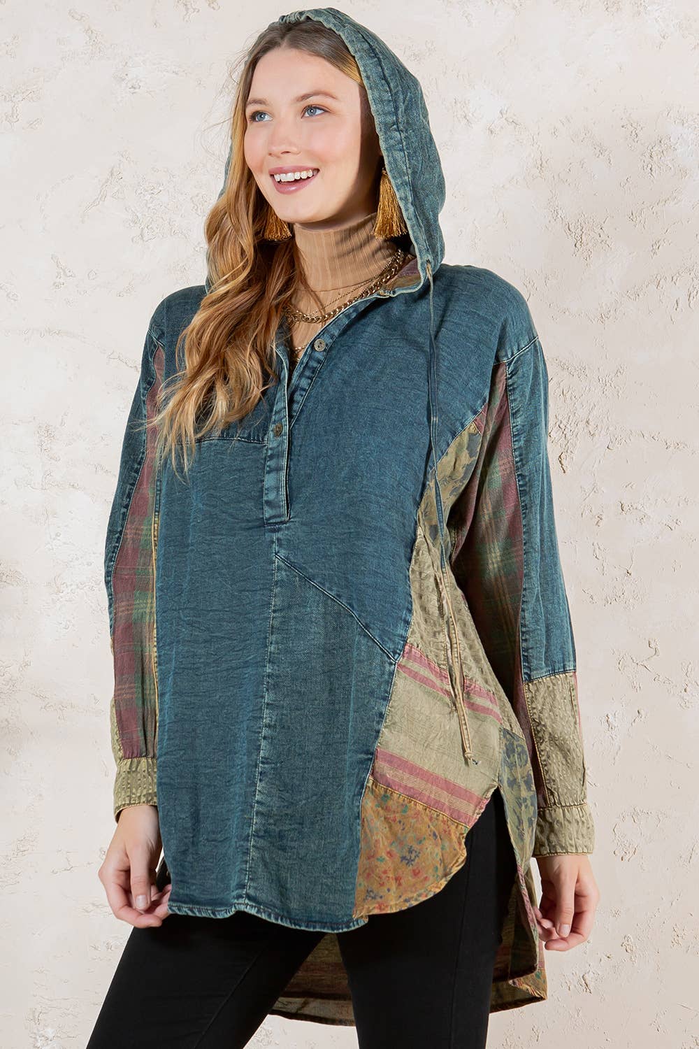 Young Threads - Wholesale Tunic - Women's - Western Boho Chic: Hooded High Low Patchwork Top5