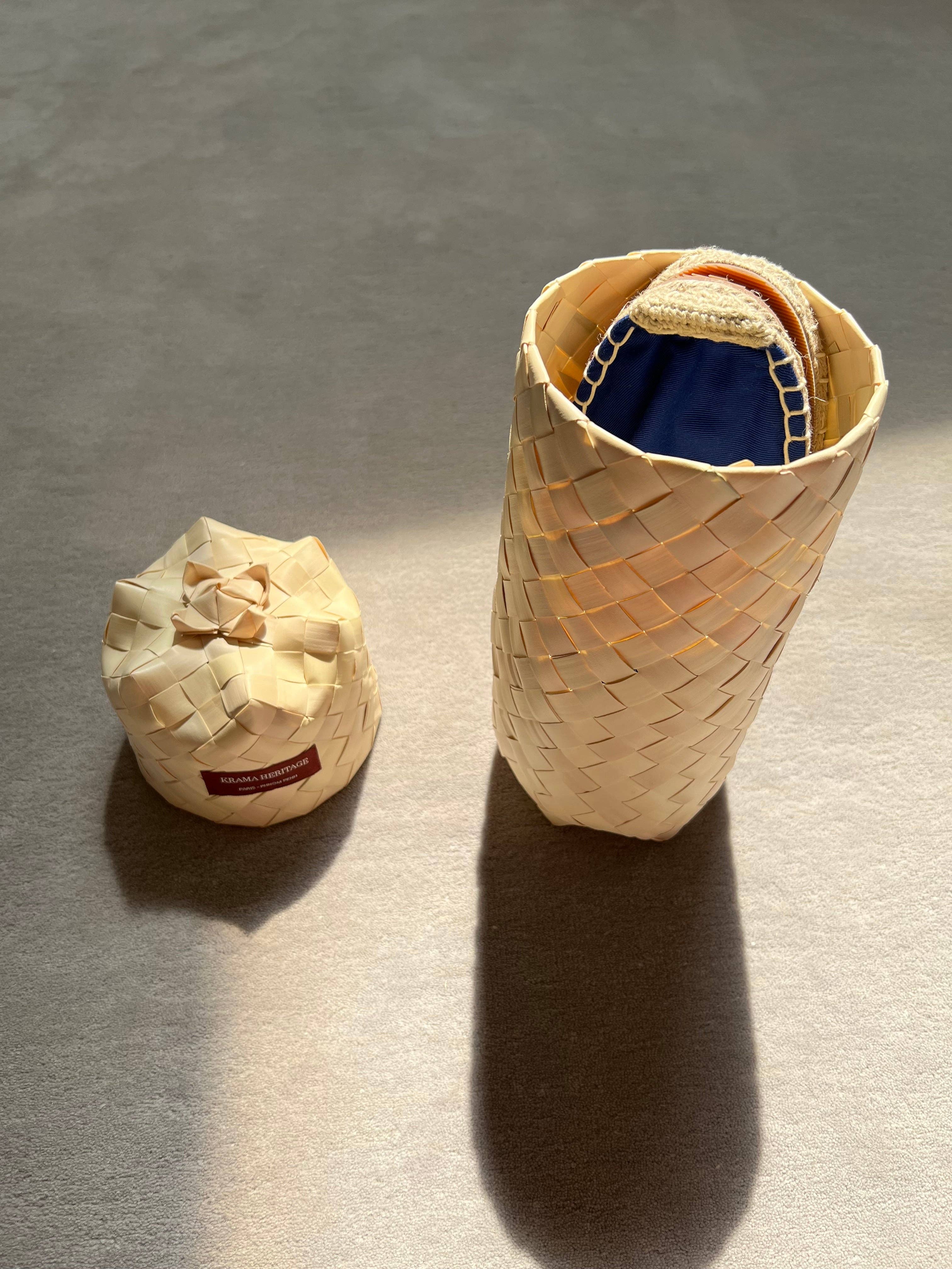 Krama Heritage - Wholesale Flats - Women's - The Krama Blue espadrilles in their large natural palm leaf case3