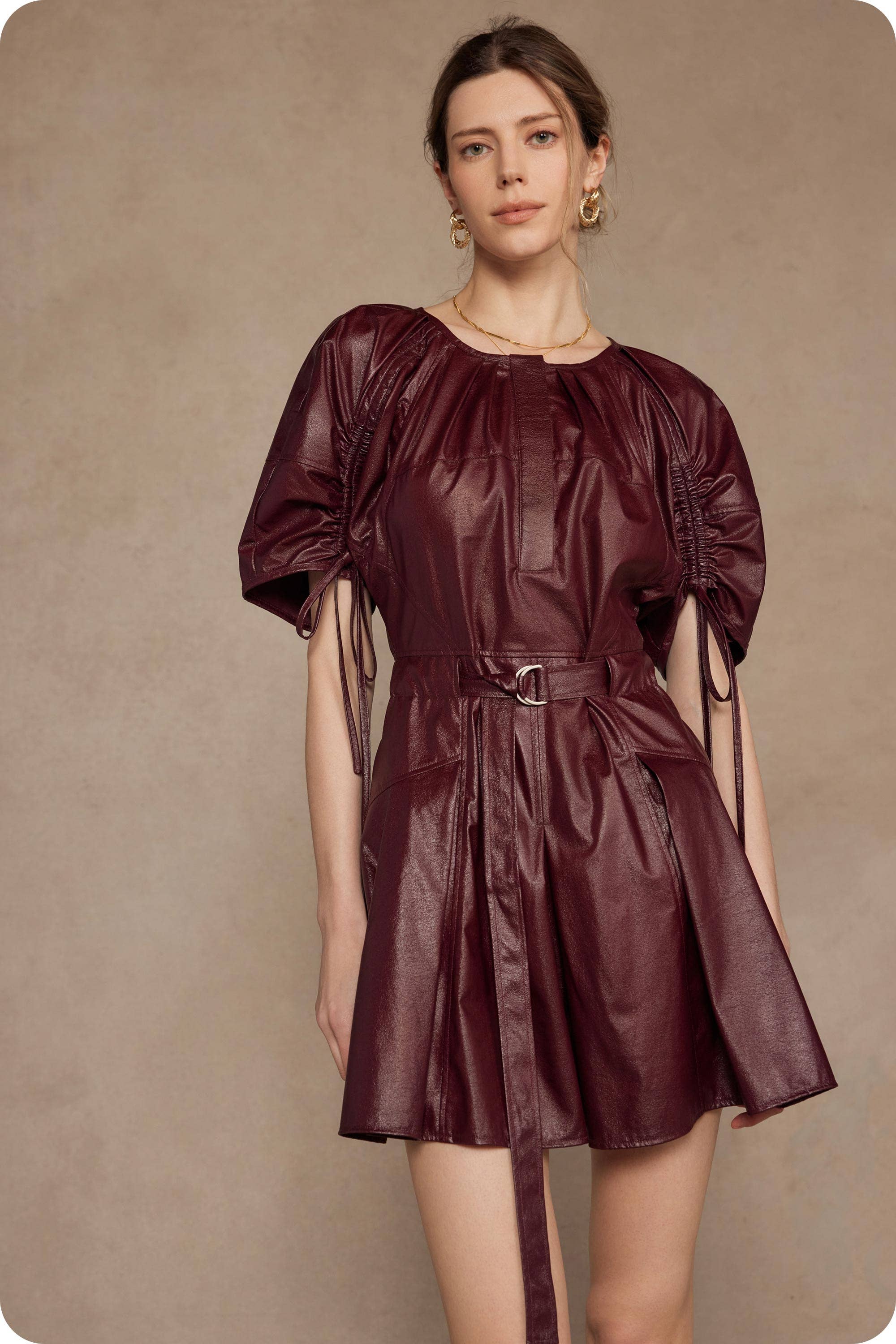 Burgundy Waist Belt Pleated Faux Leather Mini Dress for wholesale on Faire3