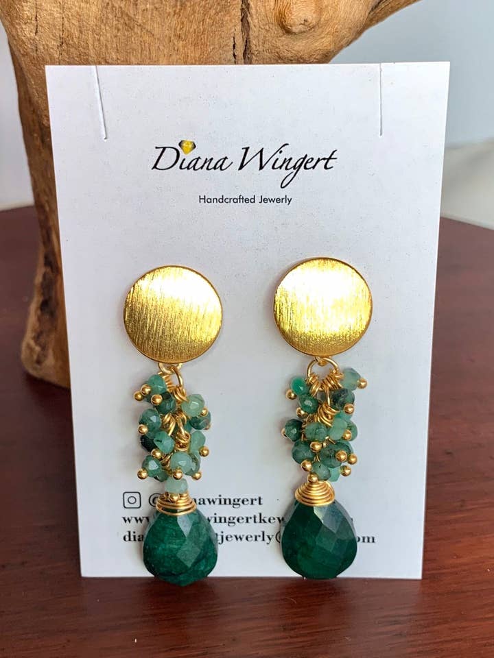 Genuine natural Emerald earrings in 14k gold plated! for wholesale by Diana Wingert Jewelry