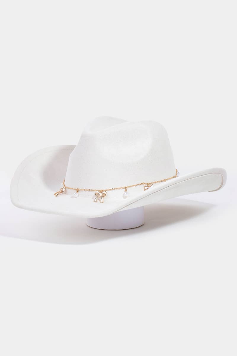 Collections by Fame Accessories - Wholesale Fedora - Women's - Ribbon Bow Pearl Chain Western Cowboy Hat8