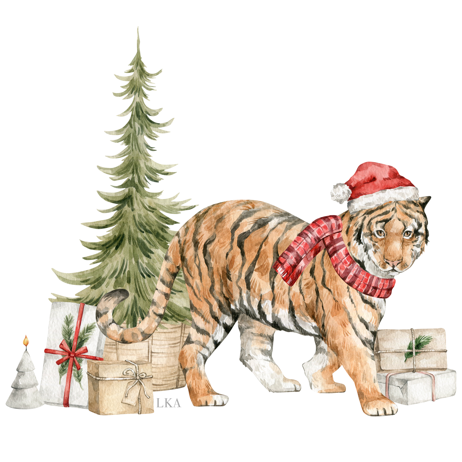 Laura K Aiken Studio - Wholesale Tea Towel - Holiday Christmas Tree Tiger with Santa Hat Tea Towel1