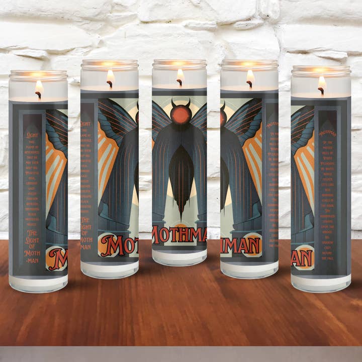 Art Deco Mothman Novelty Bookstore Prayer Candle for wholesale by Cryptic Paper Co.