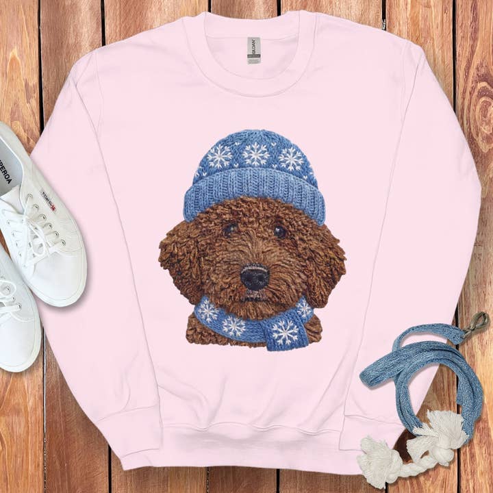 Winter Vibes Chocolate Goldendoodle Sweatshirt for wholesale by Puppy Jo