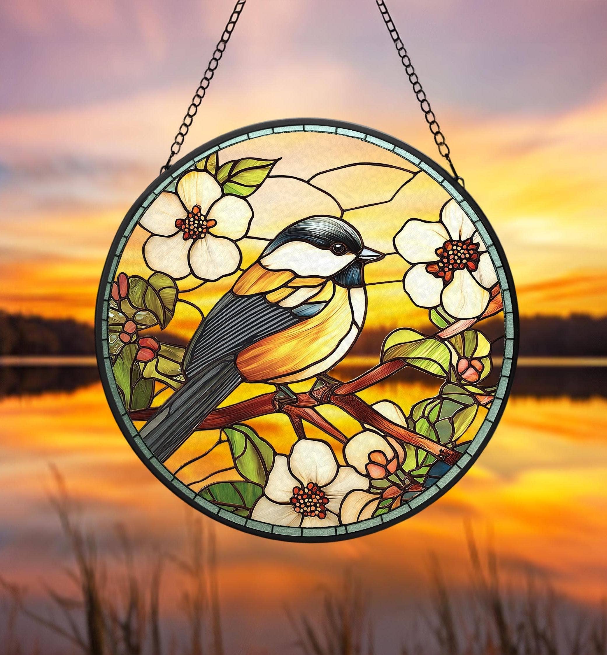 NVC Ecommerce LLC – wholesale Suncatcher – Chickadee Stained Glass Suncatcher, Bird Window Hanging0