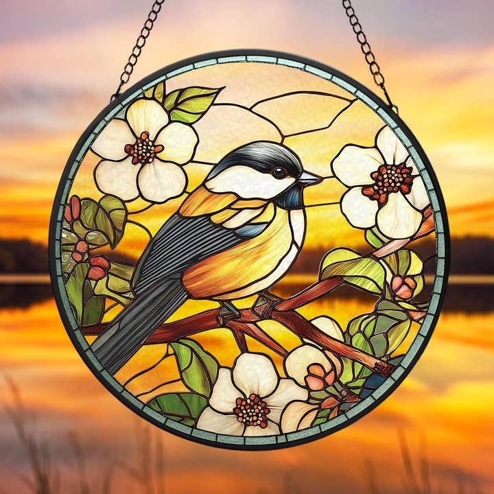 NVC Ecommerce LLC - Wholesale Suncatcher - Chickadee Stained Glass Suncatcher, Bird Window Hanging0