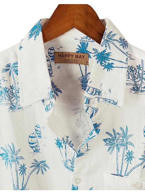 WHITE T BLUE HAPPY BAY Cotton Mens Hawaiian Shirt T_Blue Palm Tree P00440 for wholesale on Faire3