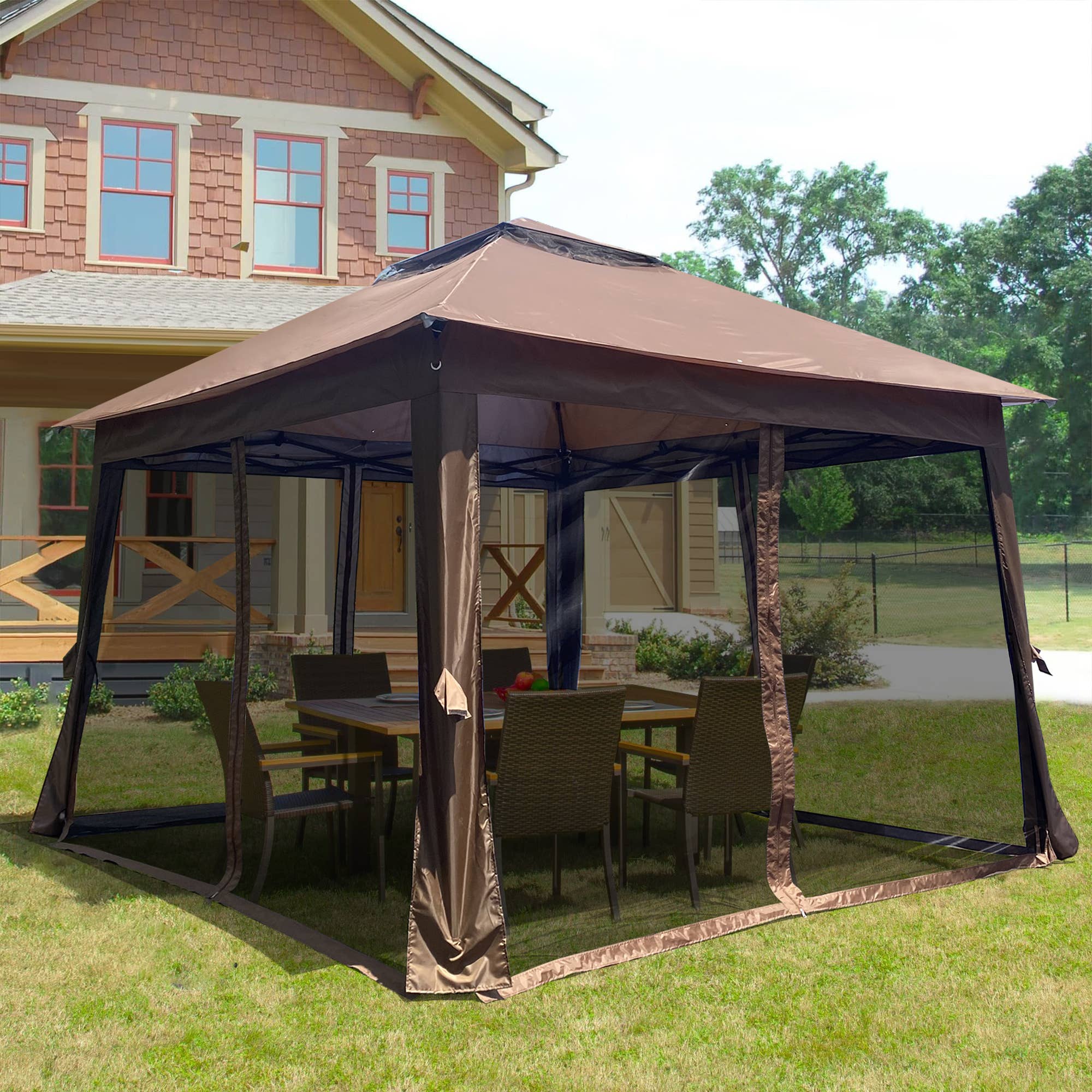 Brown Outdoor 11x11Ft Pop Up Gazebo Canopy w/Removable Netting for wholesale on Faire1
