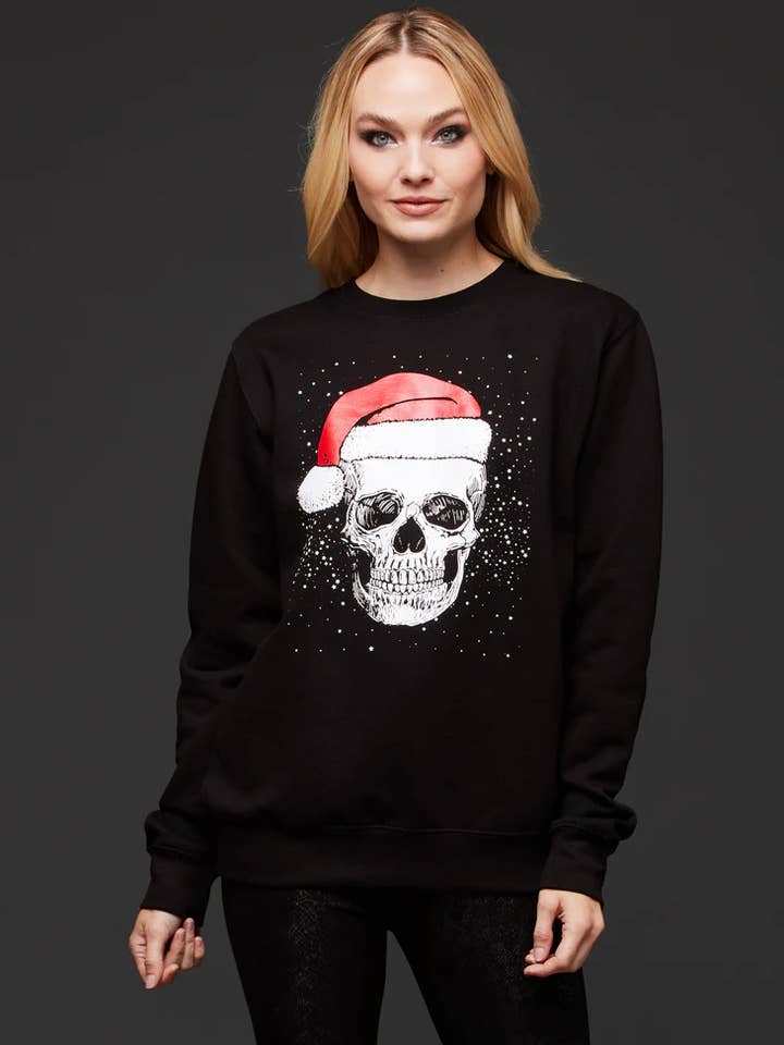 Felpa gotica Black Skull Santa Ugly Christmas per la vendita all'ingrosso da parte di Pretty Attitude Clothing