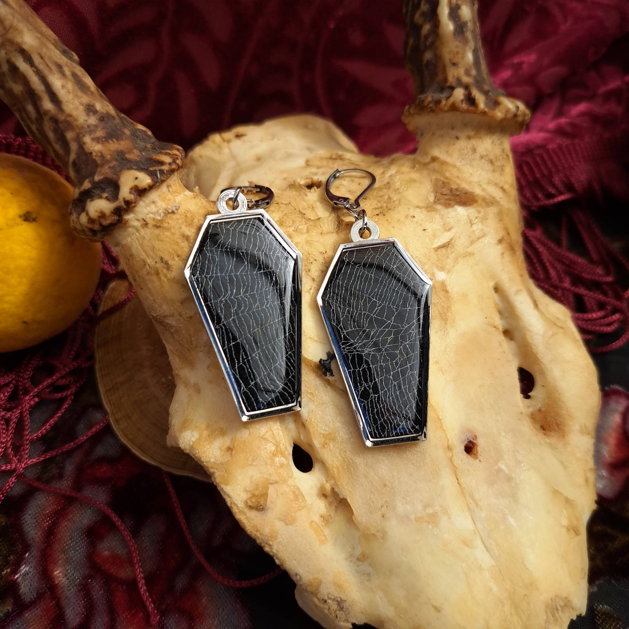 Hell Kitten RVA - Wholesale Dangle Earrings - Real Spiderweb Coffins Silver  (Earrings)3