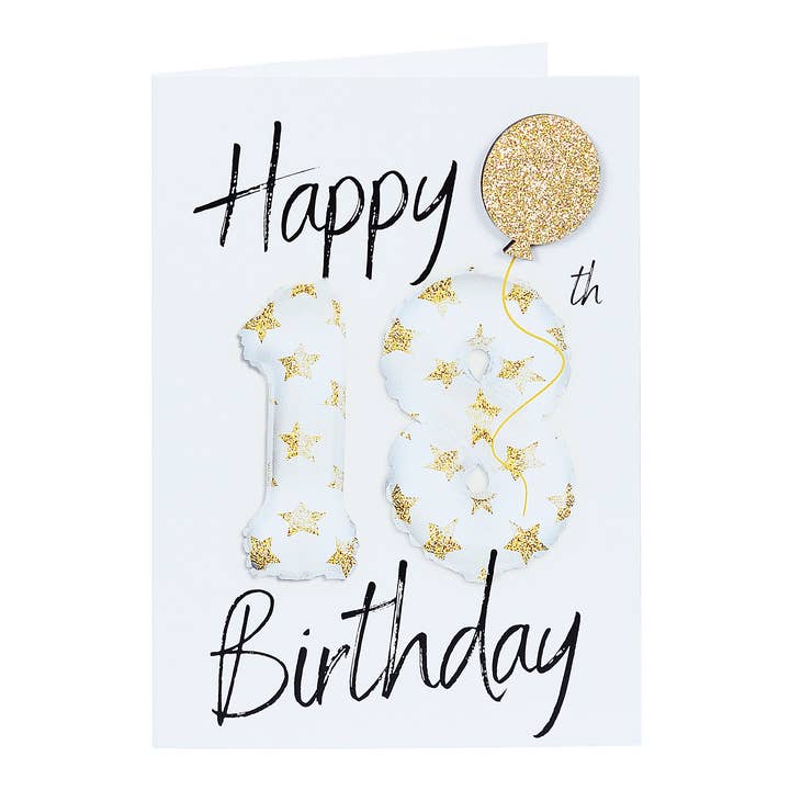 Biglietto di 18° Compleanno decorato con un Palloncino di Glitter Dorato per la vendita all'ingrosso da parte di Lil's Cards
