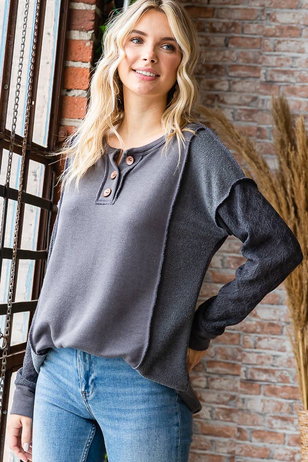 7th Ray - Vente Haut en maille – femme - Haut à manches longues en mélange de coton avec contraste en dentelle et boutons devant T525341