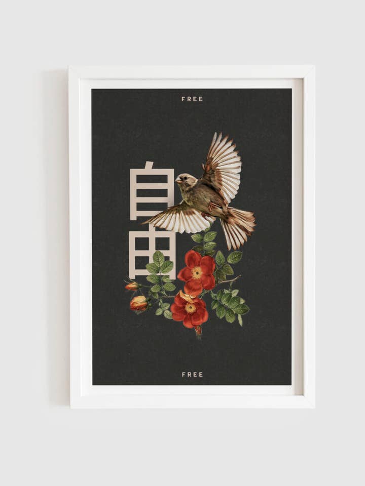 Frihed - Mørk Vintage Bird Art Japansk inspireret Print for engroshandel hos Inked Prints
