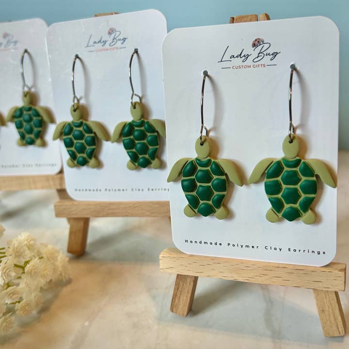 Turtle Hoop Earrings – Polymer Clay Sea Turtle Dangle Design for wholesale by Lady Bug Custom Gifts
