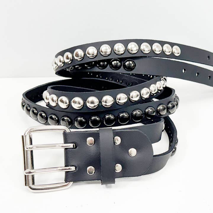 BT173RR-BS DOUBLE STRAP STUDDED BELTROUND STUD BLACK AND SILVER for wholesale by Funk Plus
