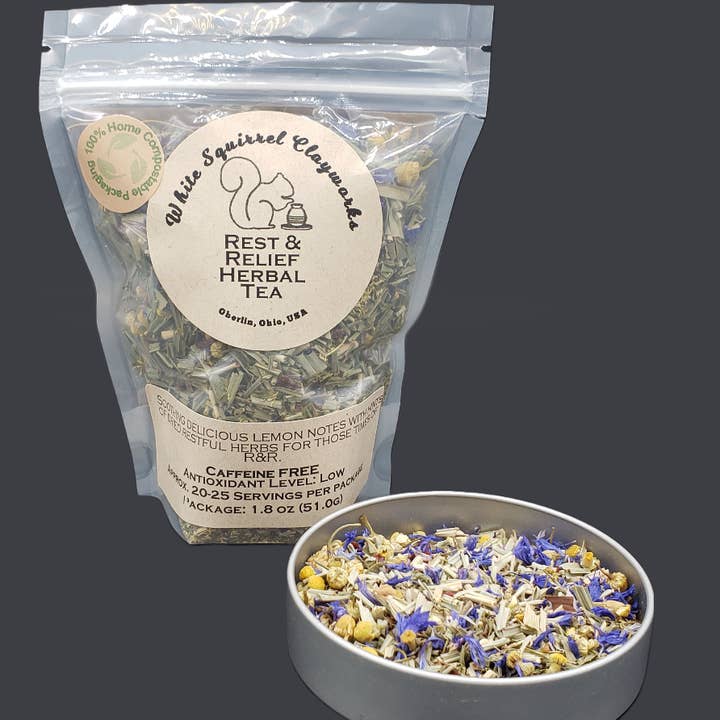 WSC- Rest & Relief Herbal Tea - Loose leaf  - 1.8 oz package for wholesale by White Squirrel Clayworks