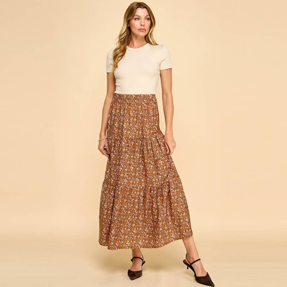 Rost Rostfärgad blommig maxikjol med volanger – Bohemisk långkjol för kvinnor för wholesale på Faire1