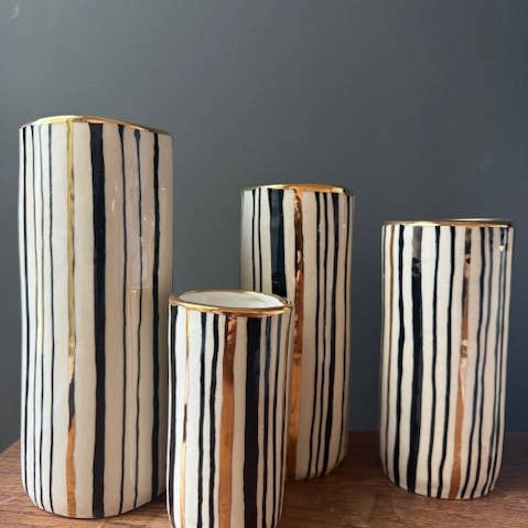 Striped 7" Med+ Handmade Ceramic Floral Cylinder Vase 22K for wholesale by Hsieh Clay SF