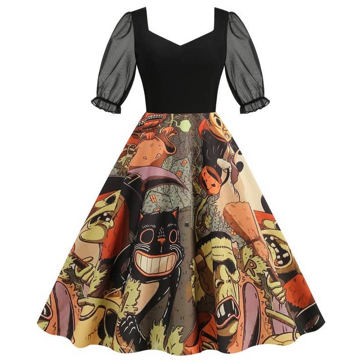 SALINA TRADING INC - Vente Robe – femme - Robe vintage imprimée à manches en résille pour fête d'Halloween3