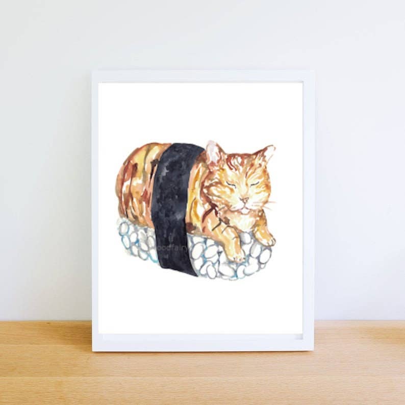Goodfairyart - Venta al por mayor Ilustración - Póster de pared de cocina pintura gato sushi acuarela0