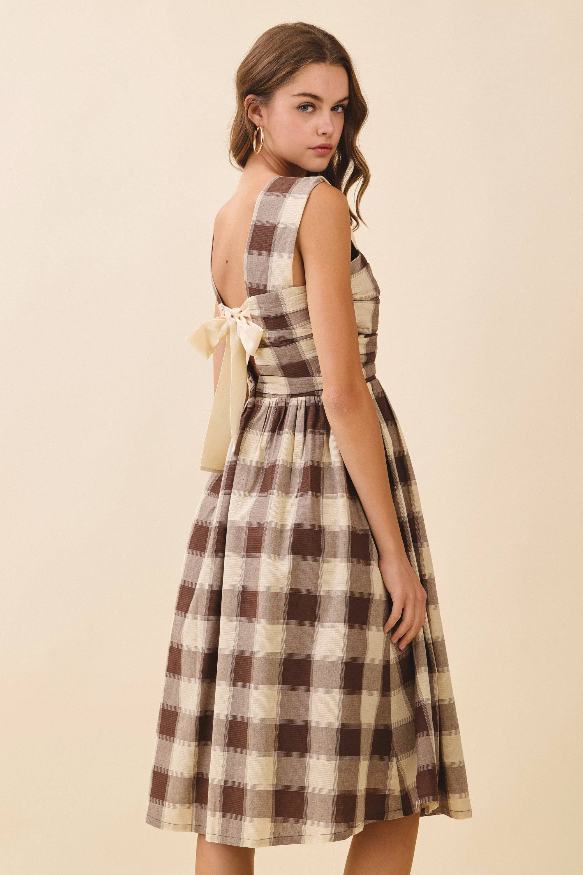 Brown CD06194-Brown Checkered V Neck Ruched Bodice Midi Dress for wholesale on Faire2