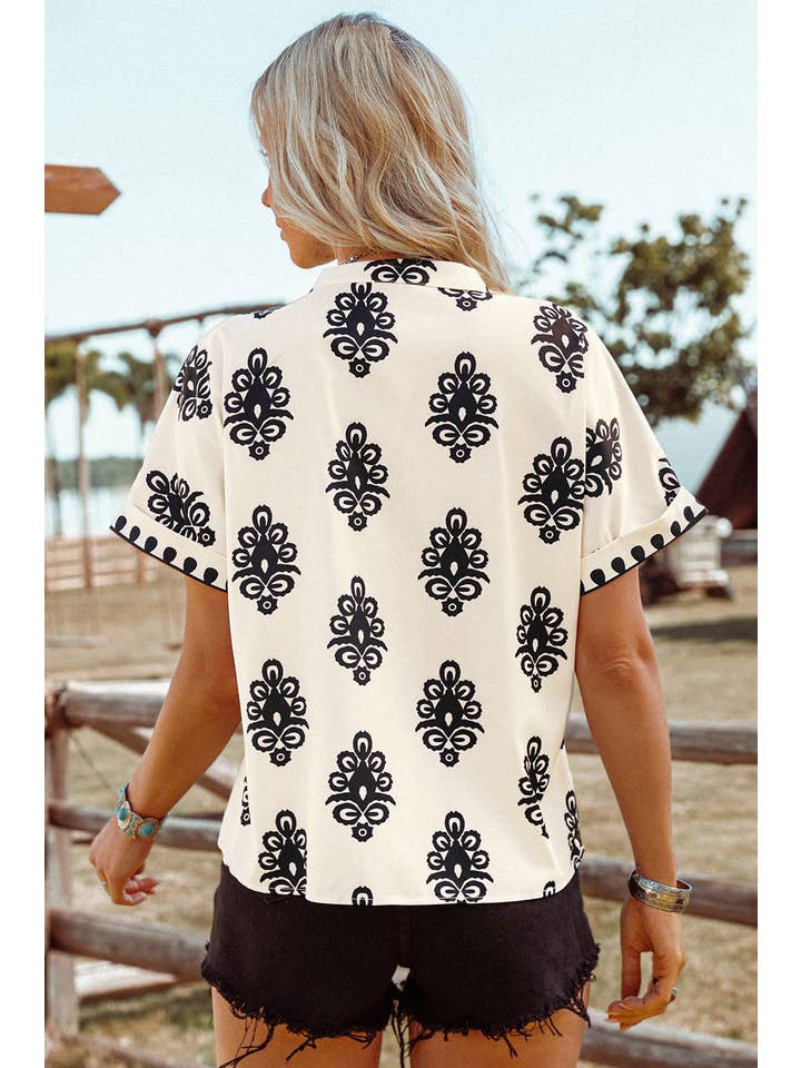 As shown Fashion-W Boho Geometric Print Short Sleeve V Neck Blouse for wholesale on Faire