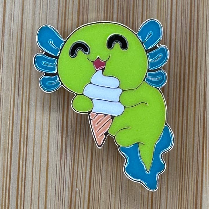 Green Axolotl with Ice Cream Cone - Enamel Pin for wholesale by Scribble & Scroll
