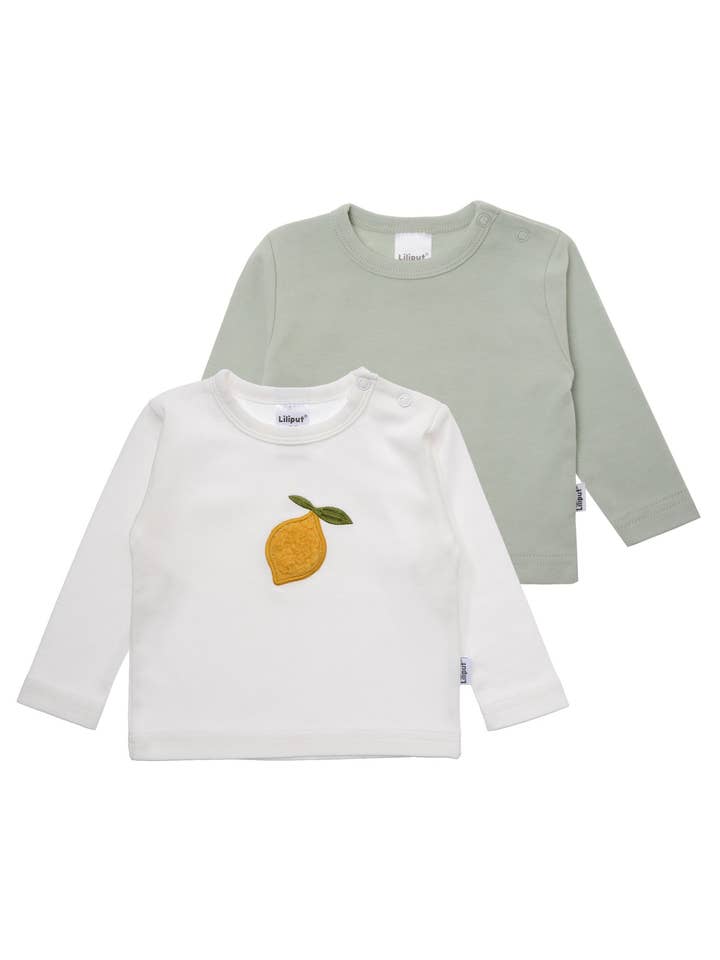 2-pack of long-sleeve shirts in reed and white with lemon patch for wholesale by Liliput