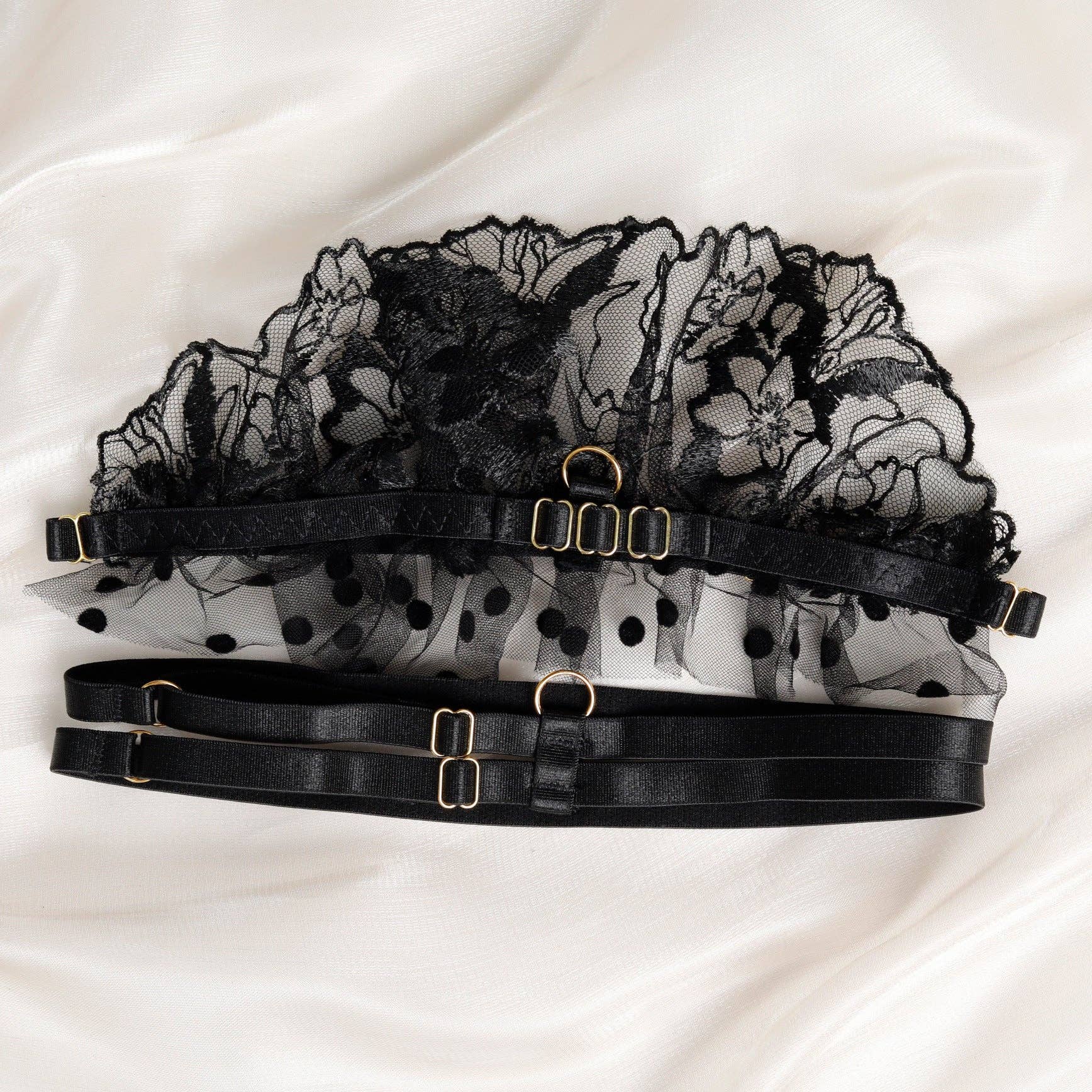 Sweetkama - Venta al por mayor Conjunto de lencería - Mujer - Conjunto de Lencería de 3 Piezas con Encaje Floral y Malla de Lunares para Damas SKLG408513