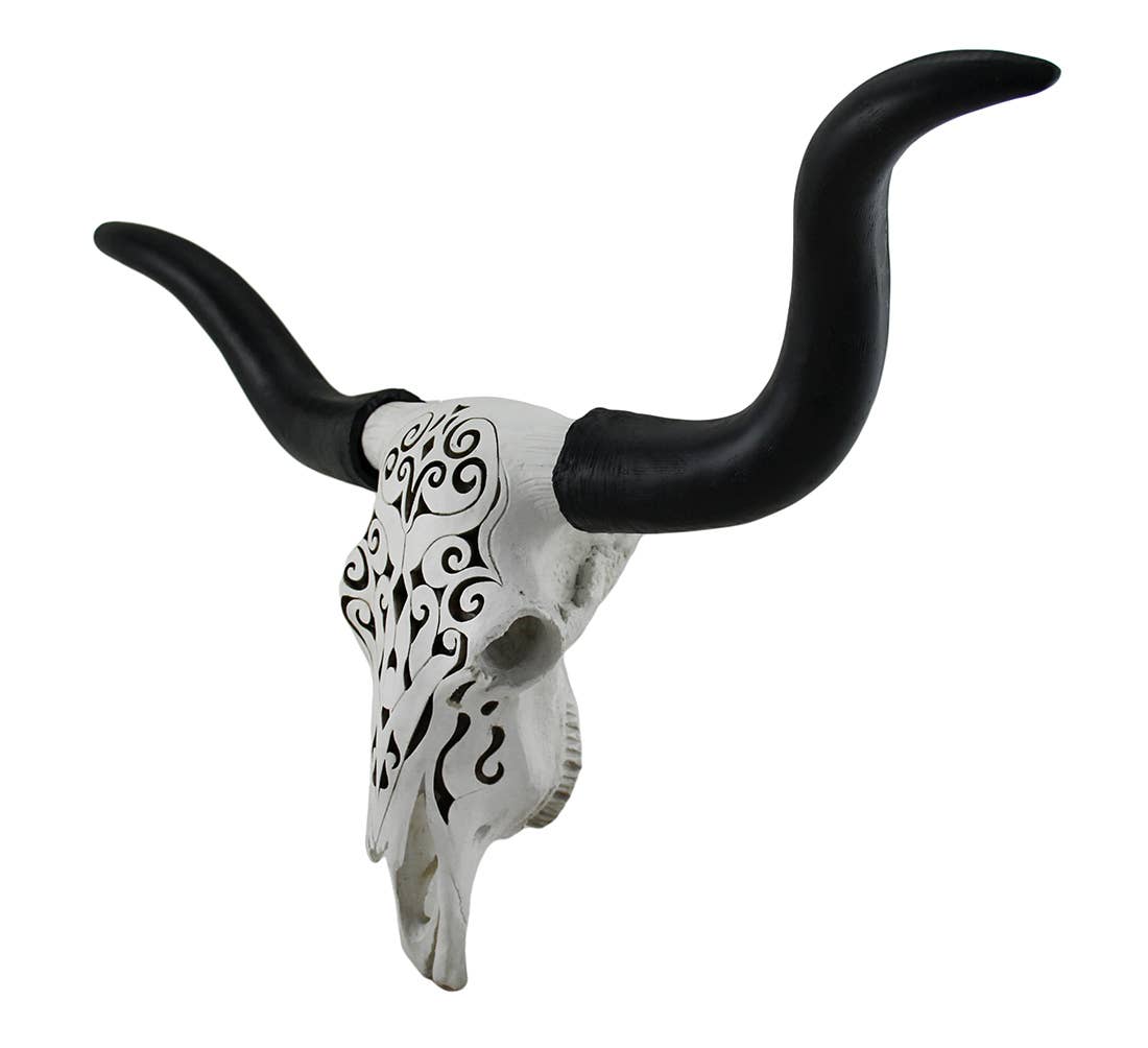 Zeckos - Vente Décoration murale - Statue Tête de Taureau Suspendue avec Motif Filigrane Noir et Blanc1