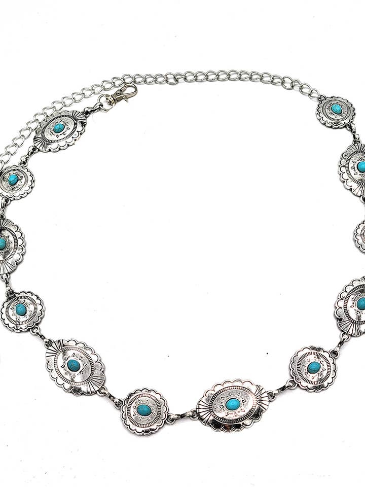 Western Fashion Ovaler türkisfarbener Scheibenkettengürtel mit Blumenmuster für den Großhandel von anbfashion