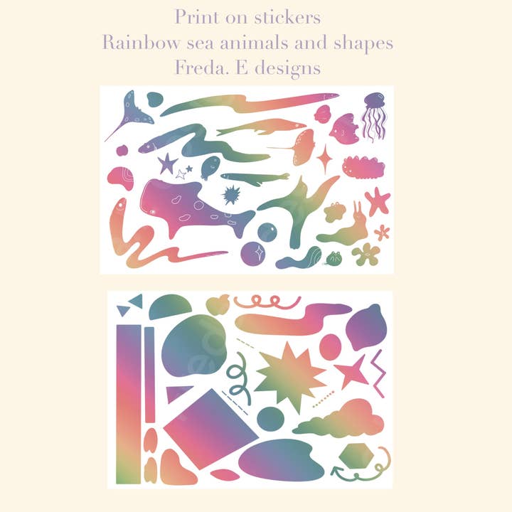 Little Forest Shop - Wholesale Sticker - Rainbow Sea Creatures and Rainbow Shapes - Rub-on Stickers/ Transfer Stickers 019 and 020 (LFSO)