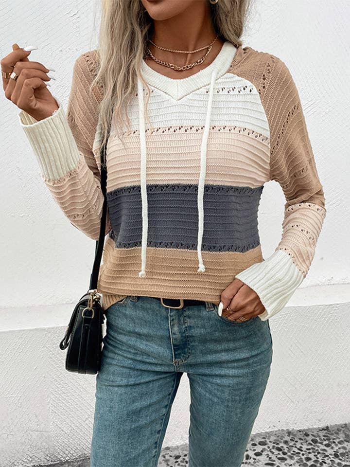 Gray Long Sleeved Color Blocked Hooded Top for wholesale on Faire