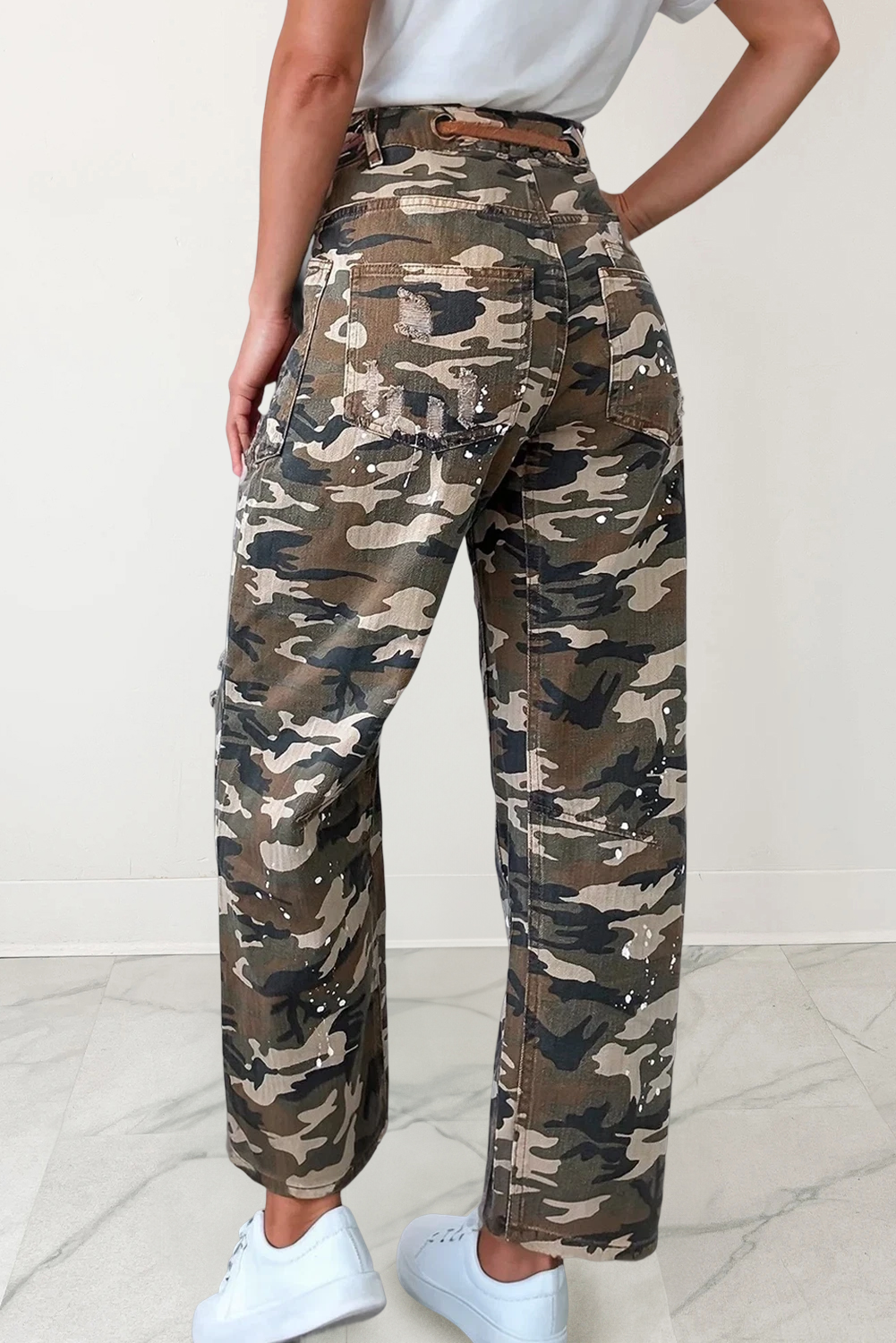 Green Camo Braided Rope Tie Waist Distressed Pants | 4-16 for wholesale on Faire1