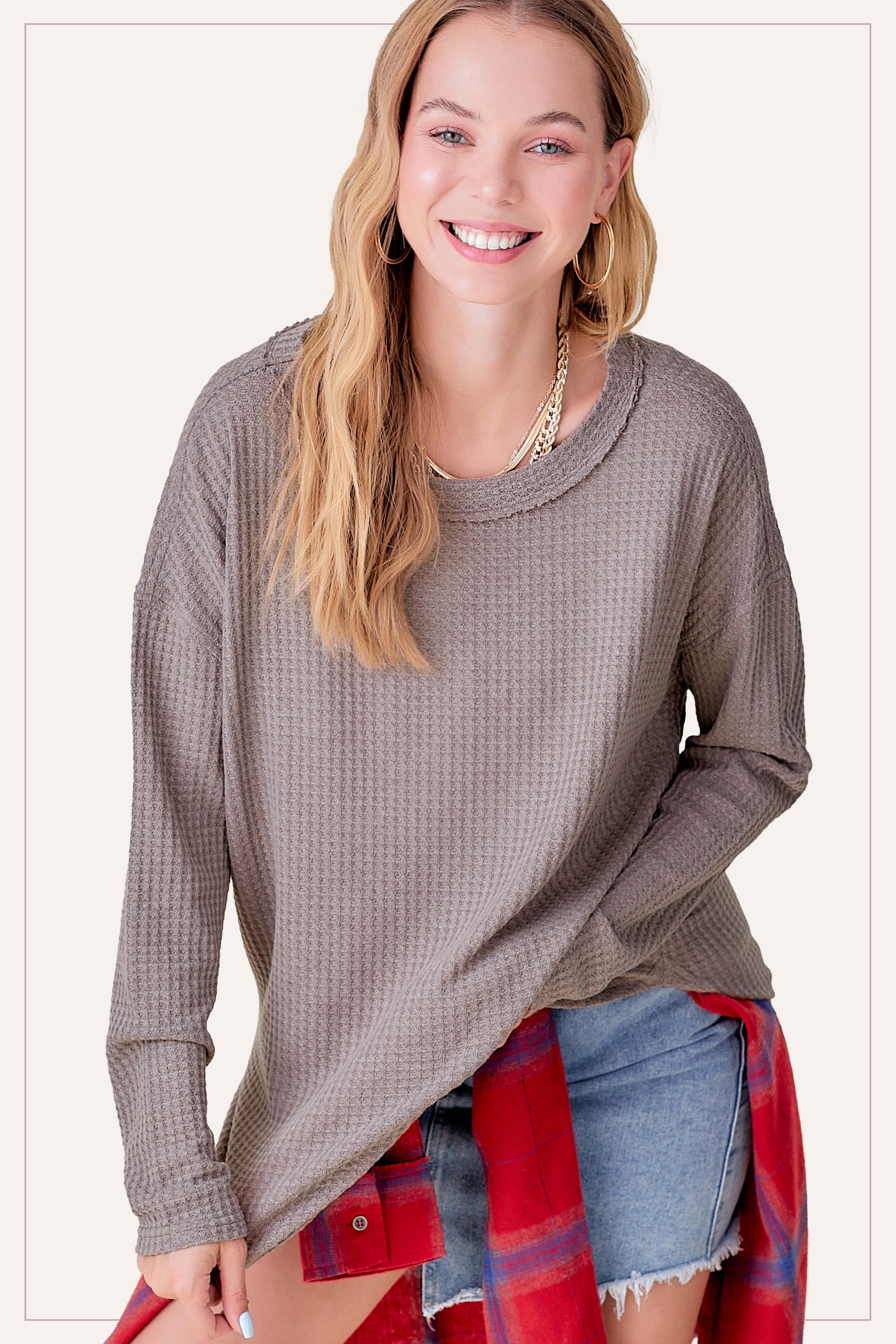 La Miel - Wholesale Tunic - Women's - HAT7566-Brushed Waffle Fabric Loose Fit Long Sleeve Top9