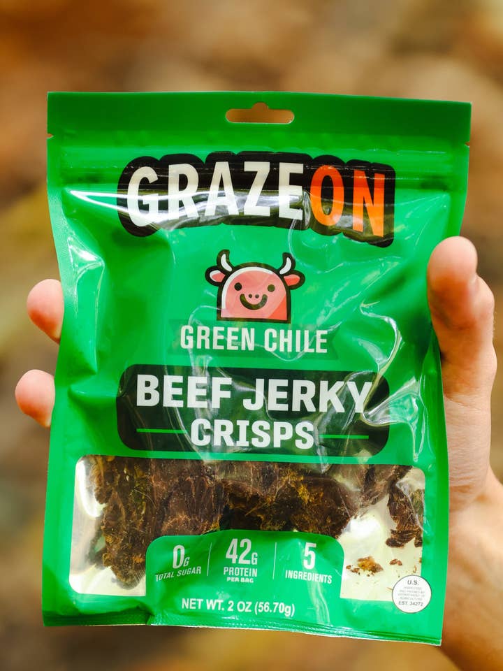 GrazeOn Green Chile Beef Jerky Crisps- High Protein, No Sugar, Crunchy Air-Dried Meat Snack, All-Natural - 2.0 oz for wholesale by GrazeOn