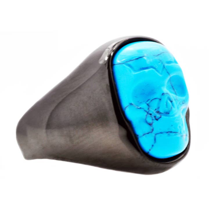 Blackjack Mens Jewelry – Großhandel Cocktail-/Statement-Ring – Totenkopfring aus echtem, türkisfarbenem, schwarz beschichtetem Edelstahl für Herren