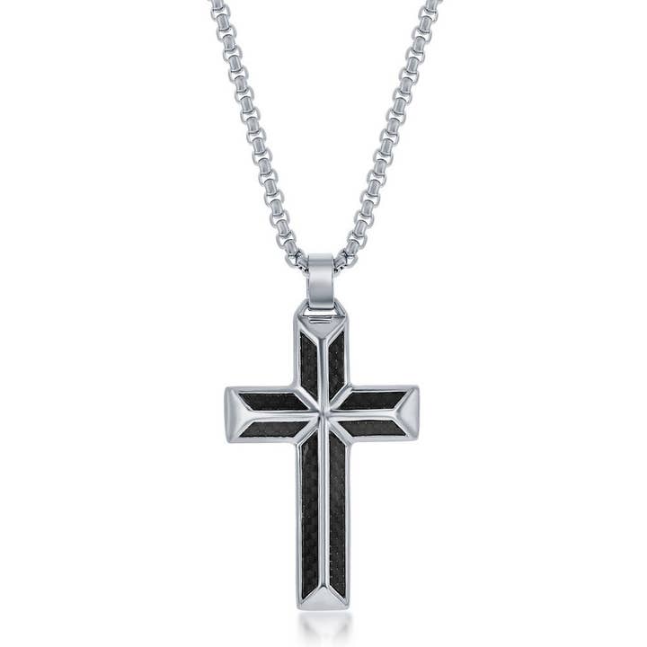 Collier en forme de croix en fibre de carbone noire en acier inoxydable pour la vente par Metallo