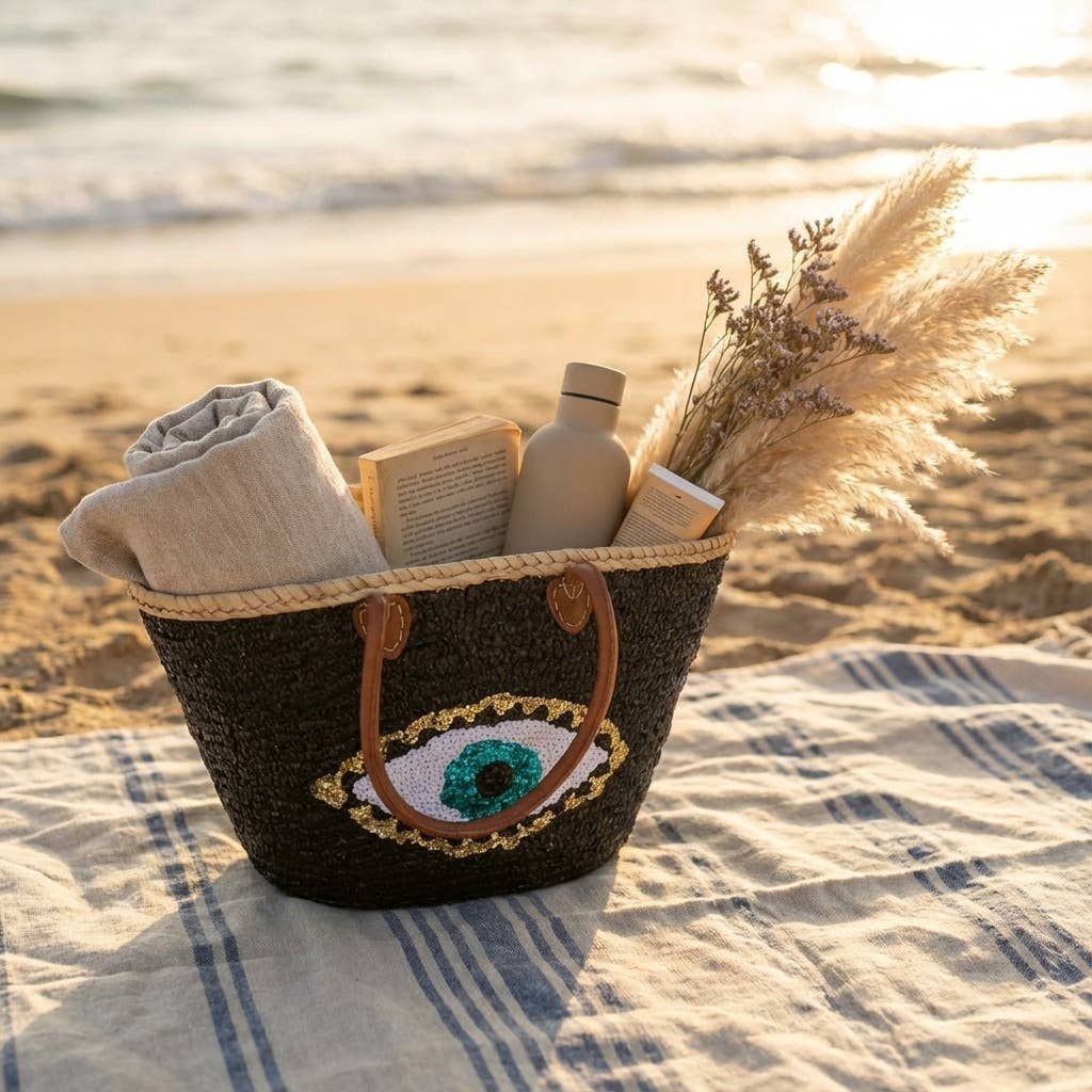 Melecraft - Vente Sac de plage - Sac fourre-tout en paille à sequins œil maléfique - Noir bohème plage7