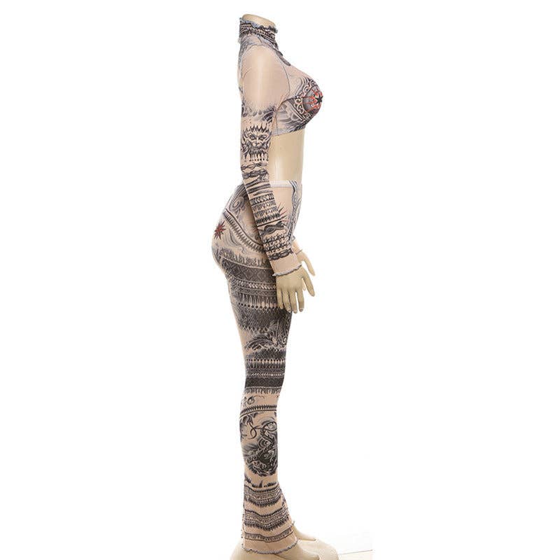 KHAKI MB FASHION TATTOO MESH CROP TOP LEGGING 2 PCS SET 1304LY for wholesale on Faire11