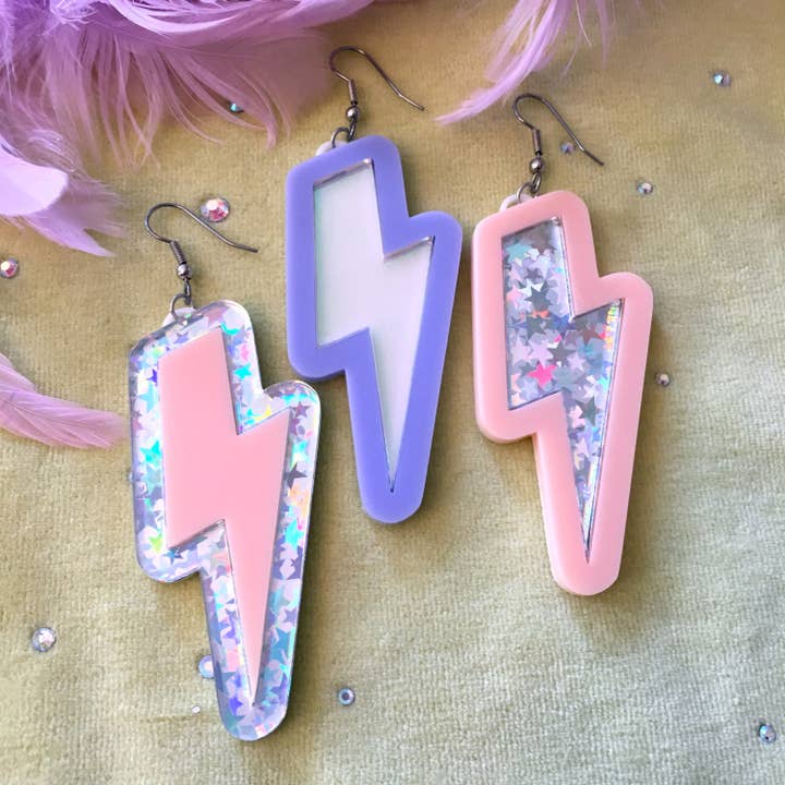 Pastel And Silver Glitter Lightning Bolts Laser Cut Arcylic Earrings for wholesale by I'm Your Present