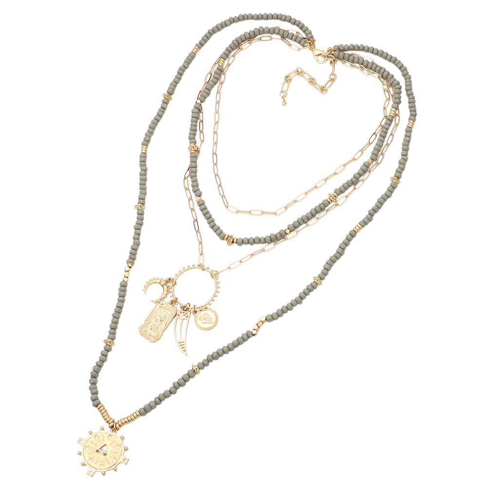 Sensibling Corp. – wholesale Pendant/charm necklace – Double Horn Evil Eye Centered Pendant Wood Beaded Multi Layered Necklace1