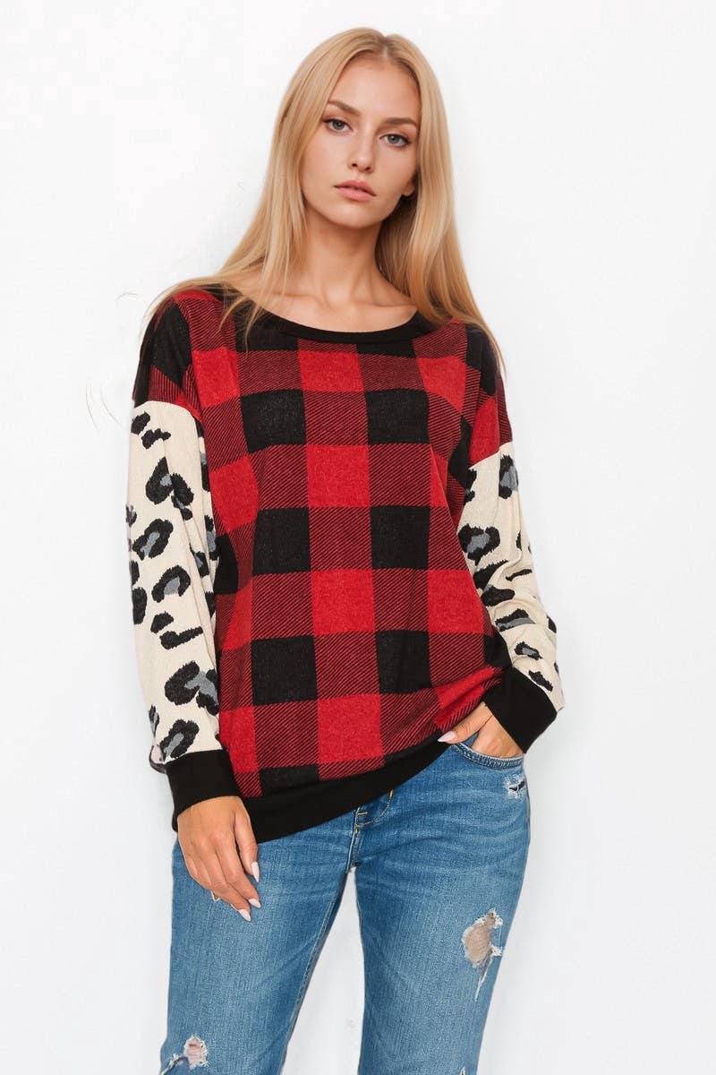 Röd 10599L195 Rutig med djurmotiv Långärmad topp för wholesale på Faire3