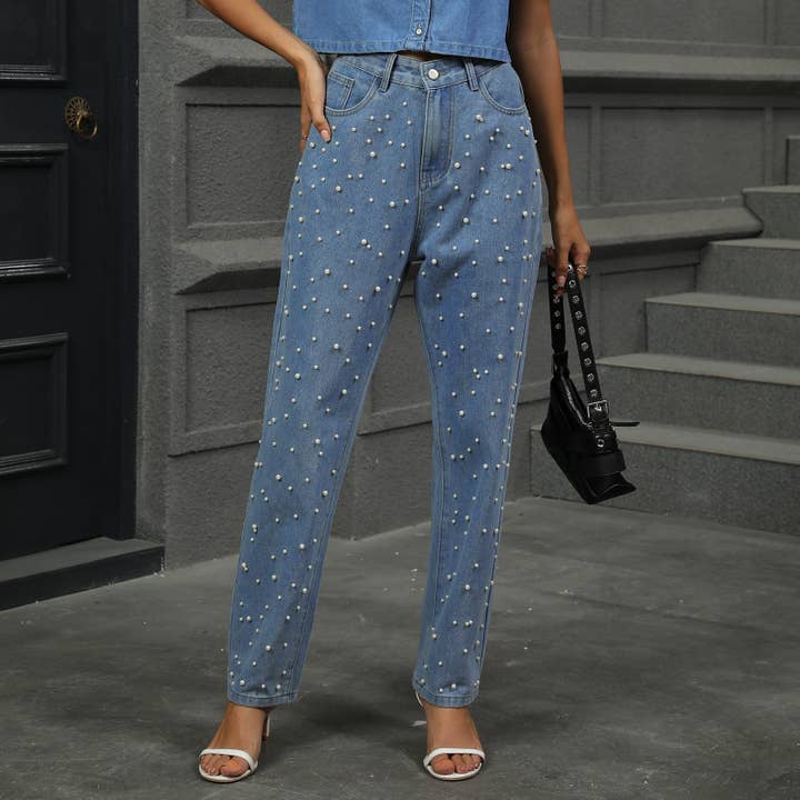 Blue Stylish High-Waisted Pearl Straight-Leg Jeans for wholesale on Faire6
