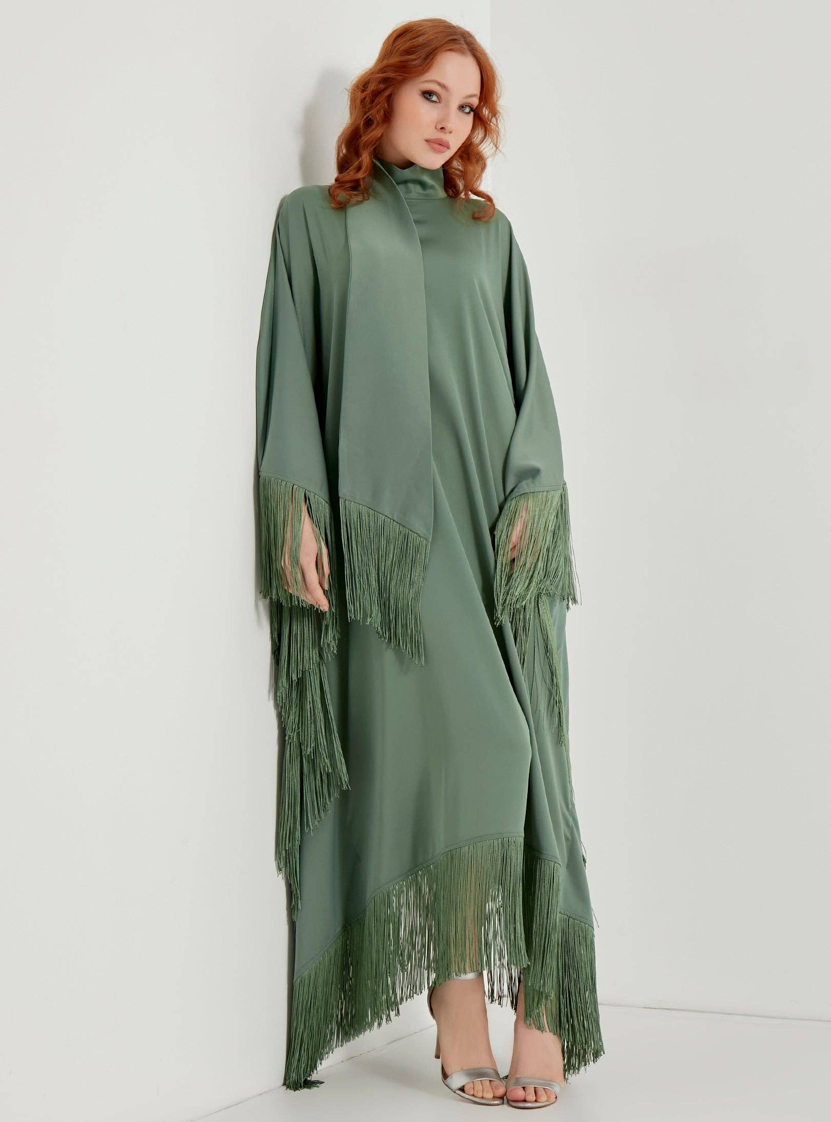 Store WF – wholesale Kaftan – Women's – Mint Fringed Kaftan Dress With Tie Neck Detailed1