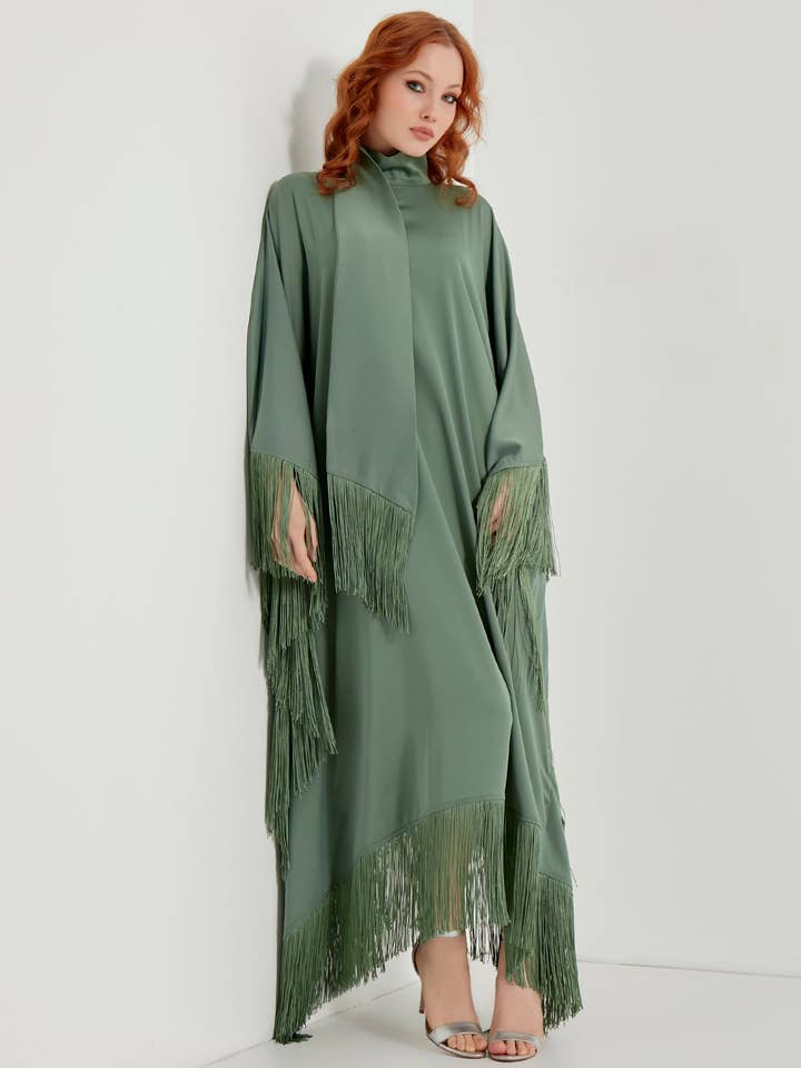 Store WF – wholesale Kaftan – Women's – Mint Fringed Kaftan Dress With Tie Neck Detailed1