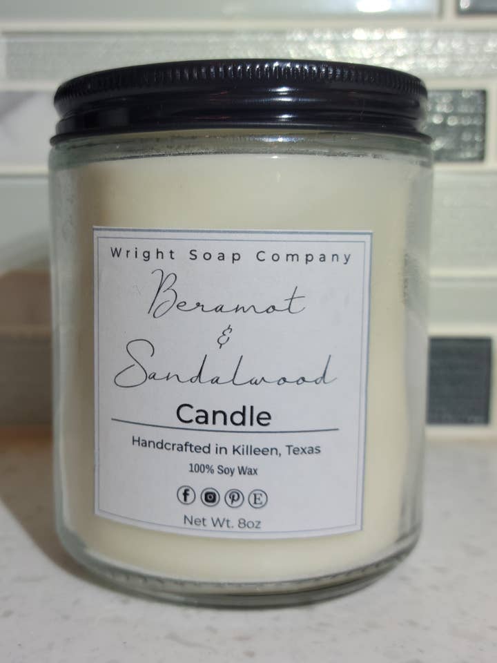 Vela de bergamota y sándalo, 100% cera de soja, vertida a mano para venta al por mayor de Wright Soap Company