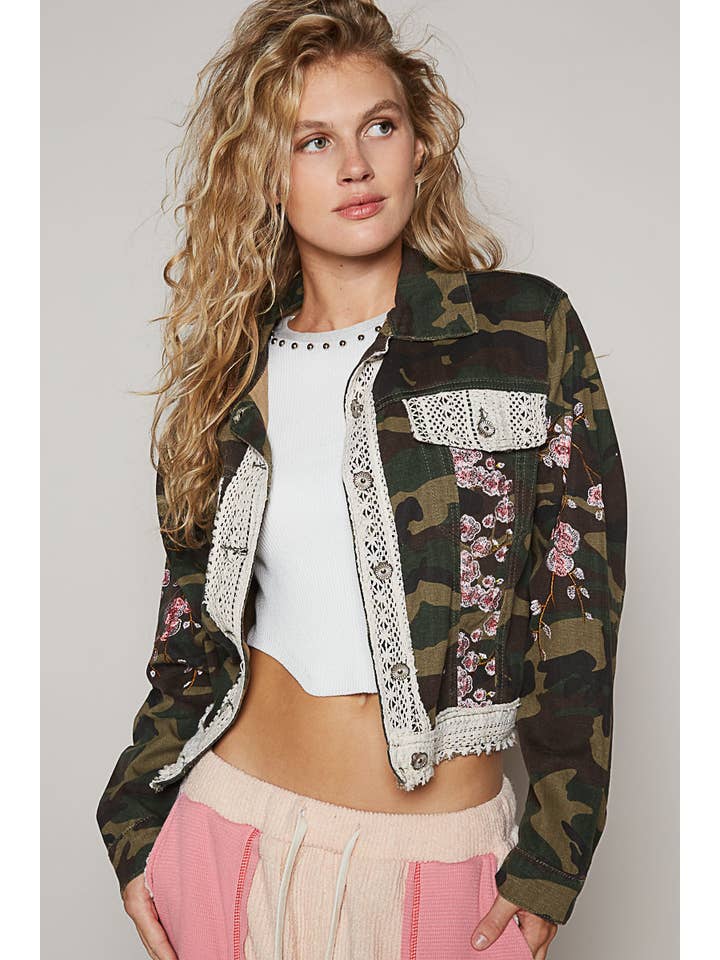 Pol Clothing - Wholesale Jacket - Women's - Vintage washed back flower patch printed jacket